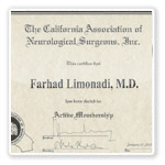 Neurosurgeon Farhad M. Limonadi, M.D. Certificate